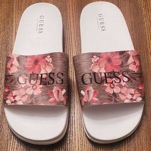 GUESS Women’s White Slide Sandals with Pink Floral Strap Size 10M